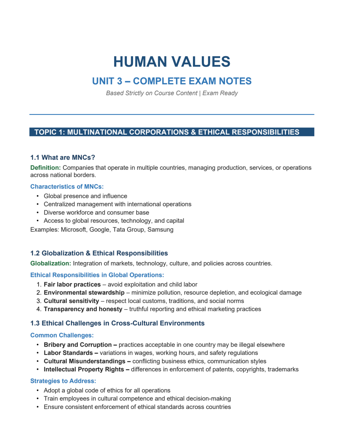 Page 1 of Unit 3 - Human Values