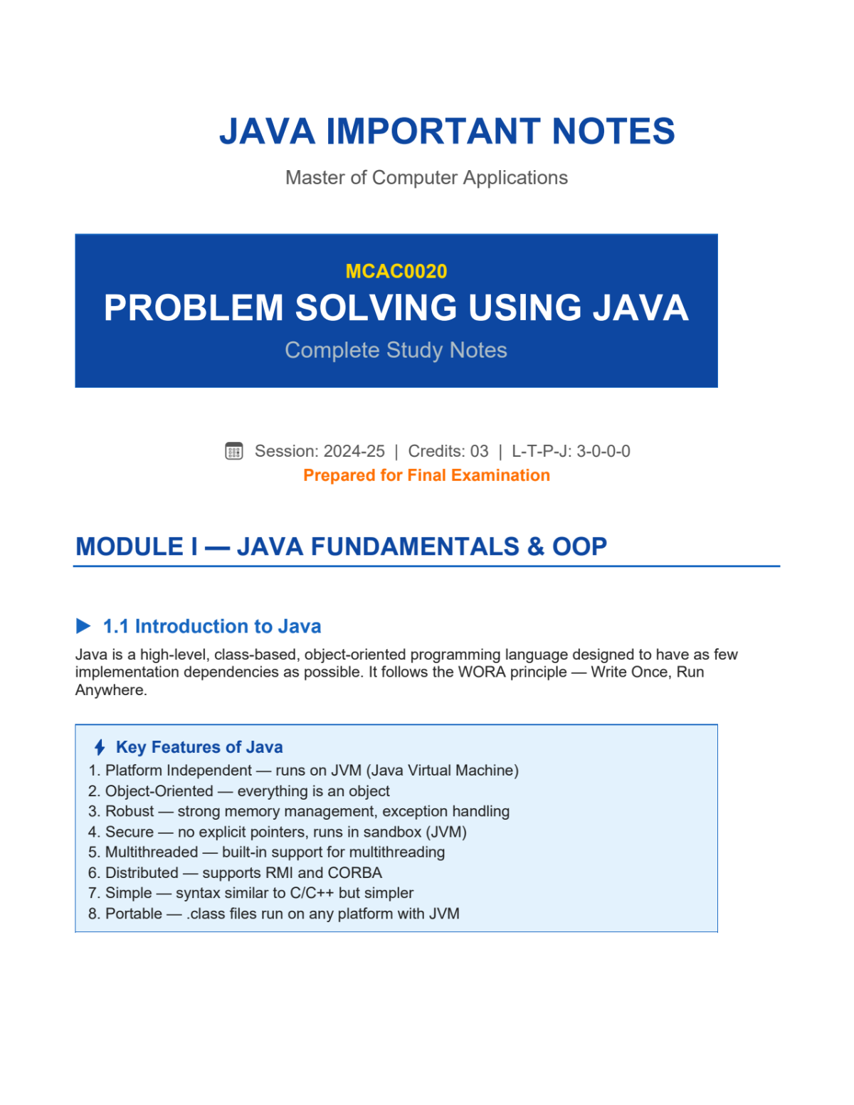 Page 1 of JAVA Important Notes