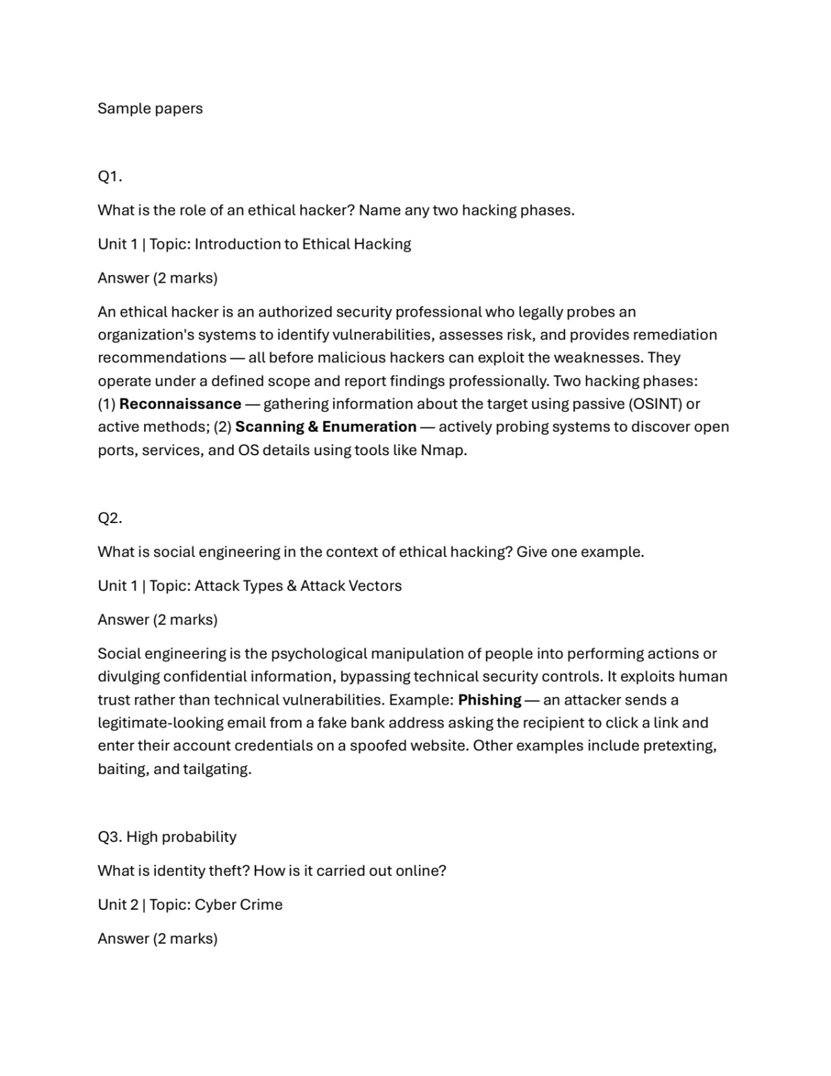 Page 1 of Practice Ques/Ans ethical hacking