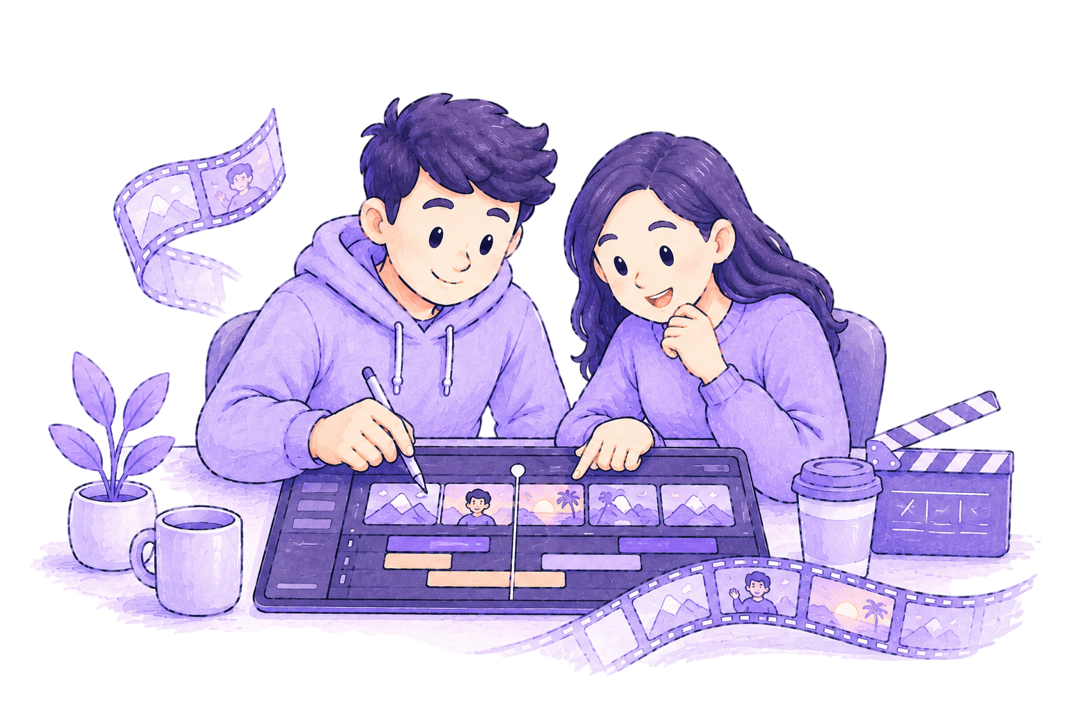Two people editing a video timeline