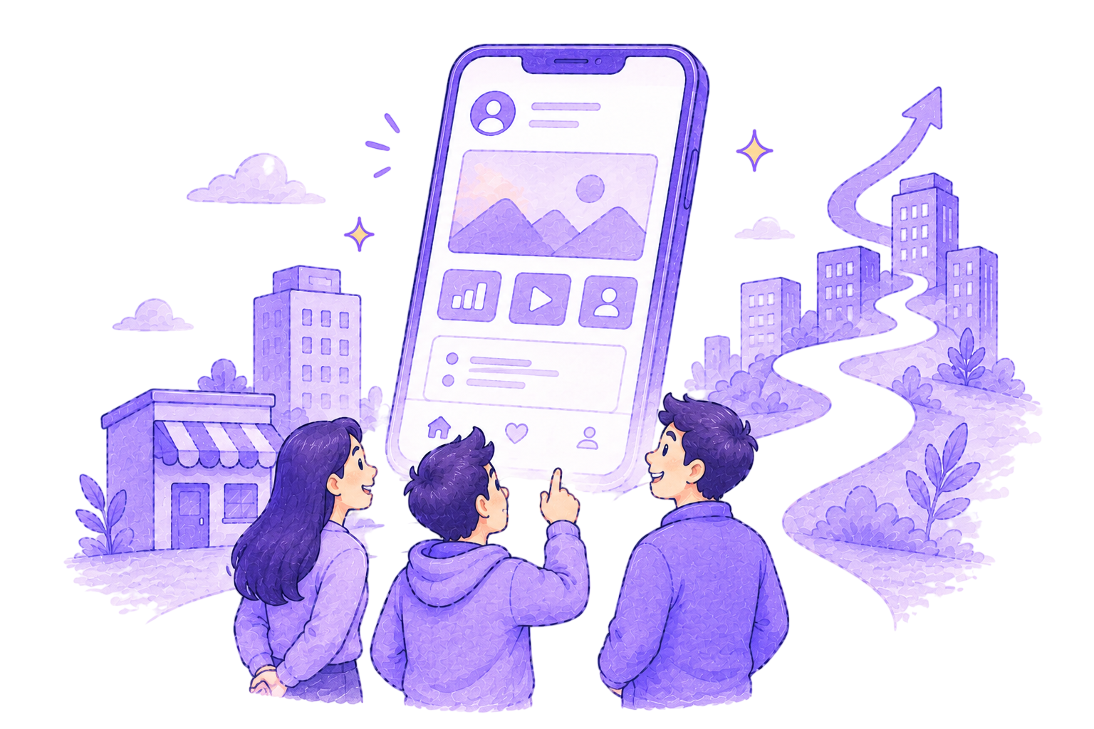 Three friends looking up at an app on a large phone
