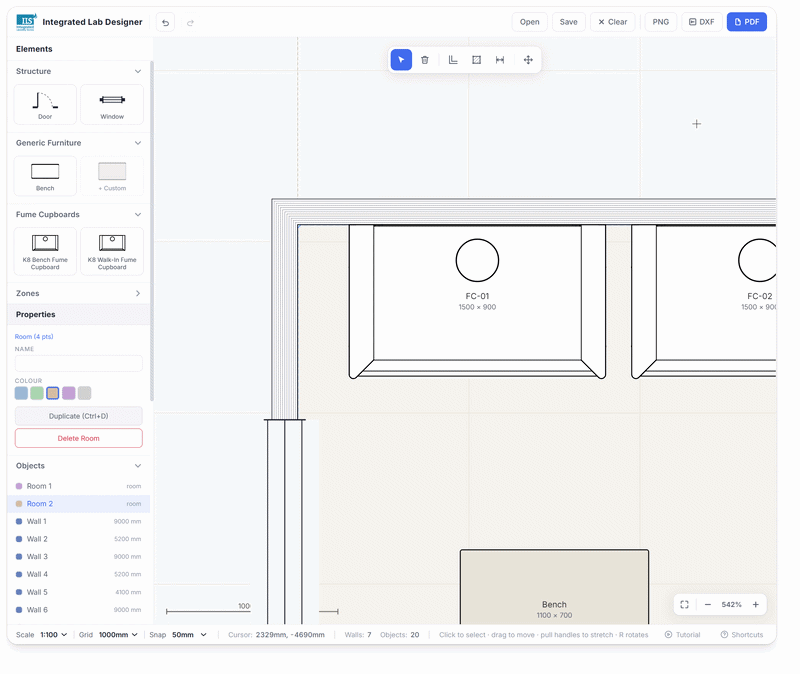 Exporting a lab layout to PDF in Integrated Lab Designer, showing the finished drawing sheet with title block and contact details