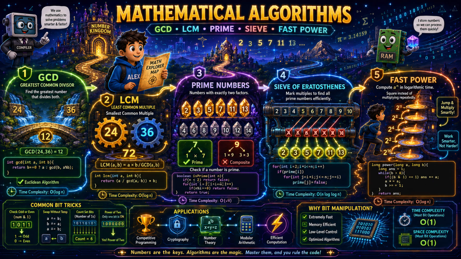 Mathematical Algorithms (GCD, LCM, Prime Numbers, Sieve of Eratosthenes & Fast Power)