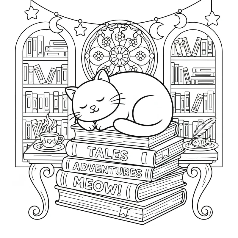 Cat Sleeping on Books - Medium Animal Coloring Page