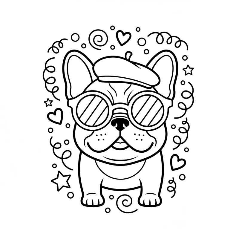 Funny French Bulldog in Beret - Medium Dog Coloring Page