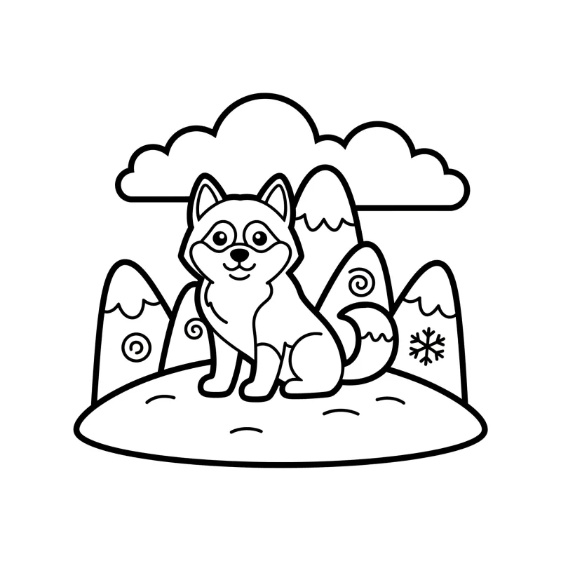 Husky in Snowy Mountains - Medium Dog Coloring Page