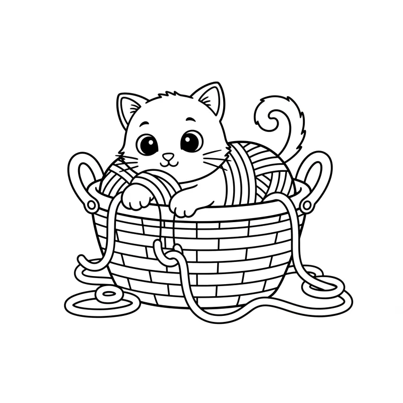 Cute Kitten in a Yarn Basket - Easy Cat Coloring Page