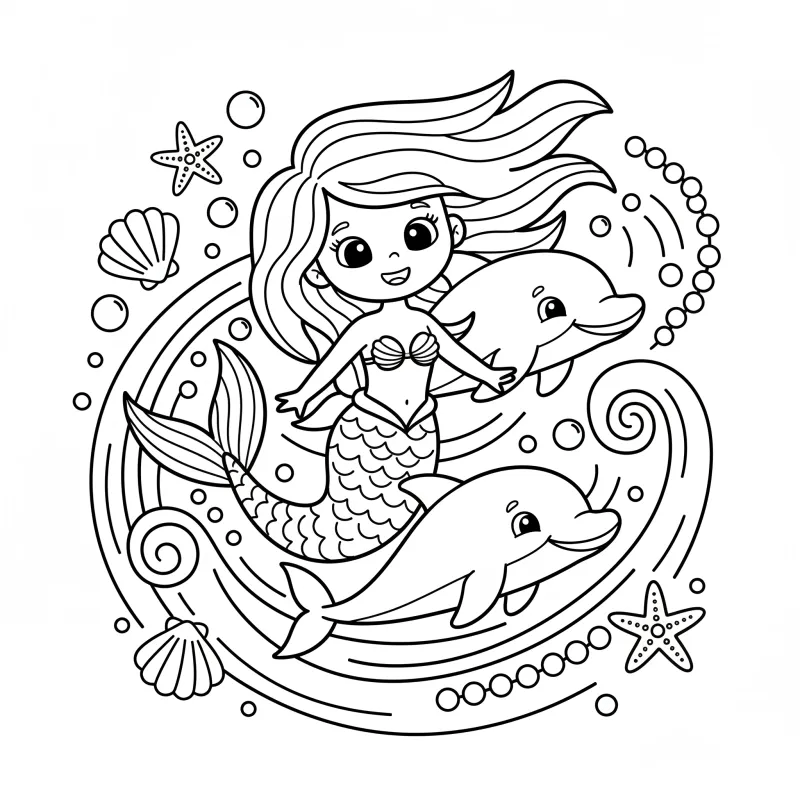 Mermaid Swimming with Dolphins - Medium Fantasy Coloring Page
