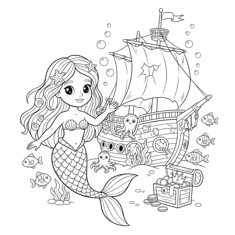 Mermaid and the Sunken Ship - Hard Fantasy Coloring Page