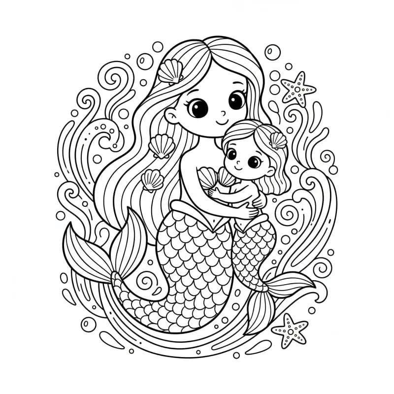 Mermaid Mother and Child - Medium Fantasy Coloring Page