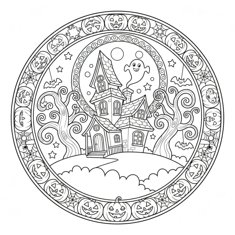 Intricate Haunted House - Hard Halloween Coloring Page