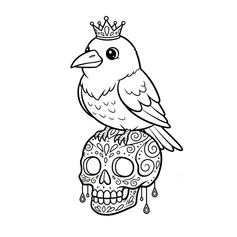 Elegant Raven on Skull - Medium Halloween Coloring Page