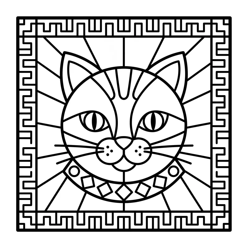 Stained Glass Cat Portrait - Hard Artistic Coloring Page