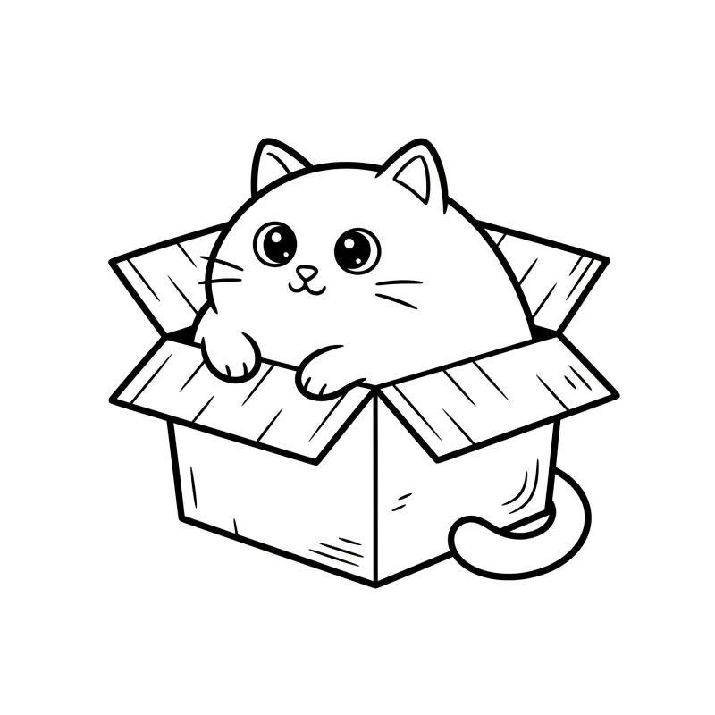Funny Fat Cat in a Box - Easy Animal Coloring Page