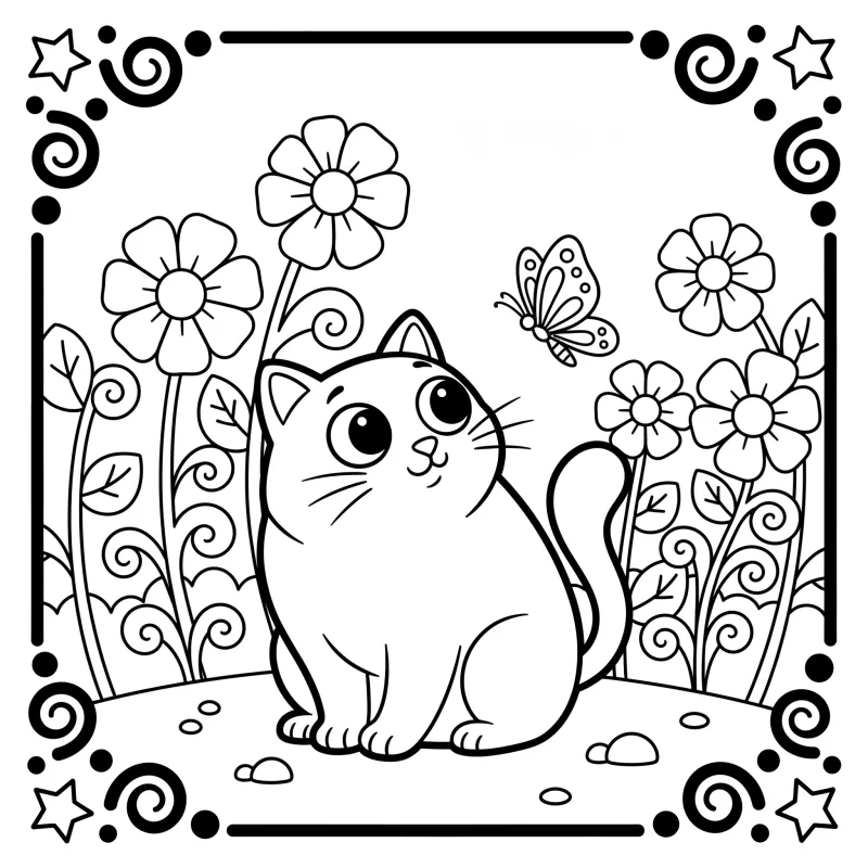 Curious Cat and Butterfly - Medium Zen Nature Coloring Page
