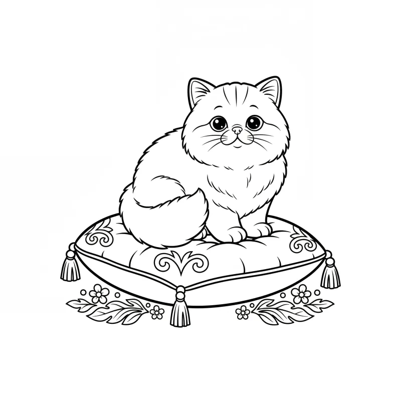 Fluffy Persian Cat on Cushion - Medium Animal Coloring Page