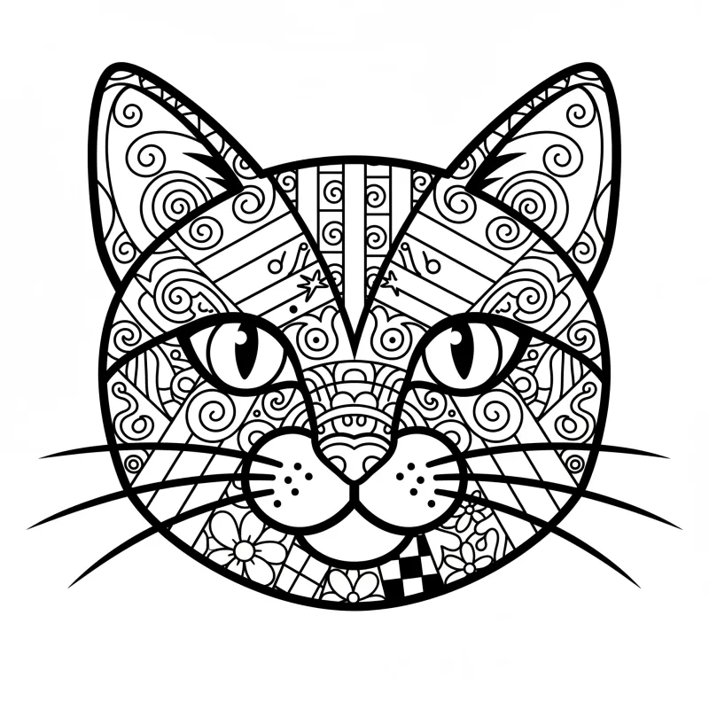 Zentangle Cat Portrait - Hard Artistic Coloring Page