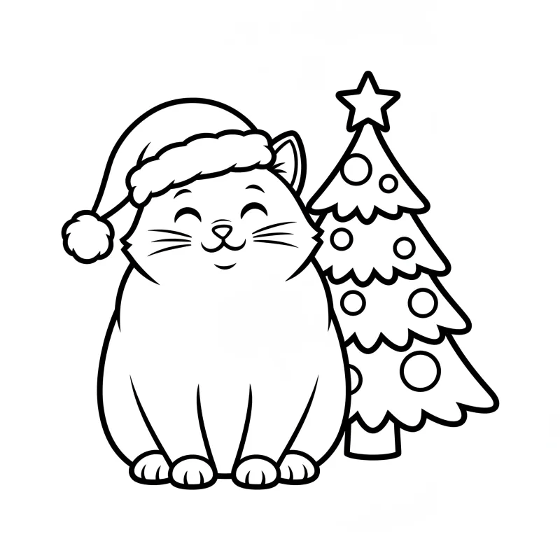 Cat in Santa Hat - Easy Christmas Coloring Page