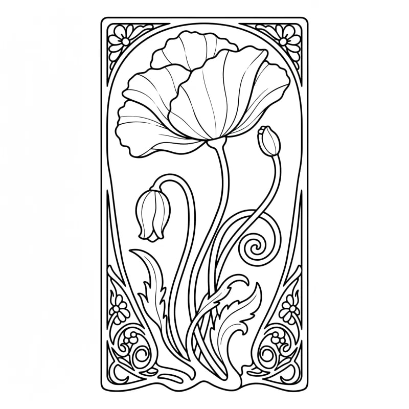 Art Nouveau Poppy Flower - Hard Artistic Coloring Page