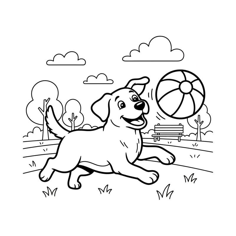 Happy Labrador Playing Fetch - Easy Dog Coloring Page