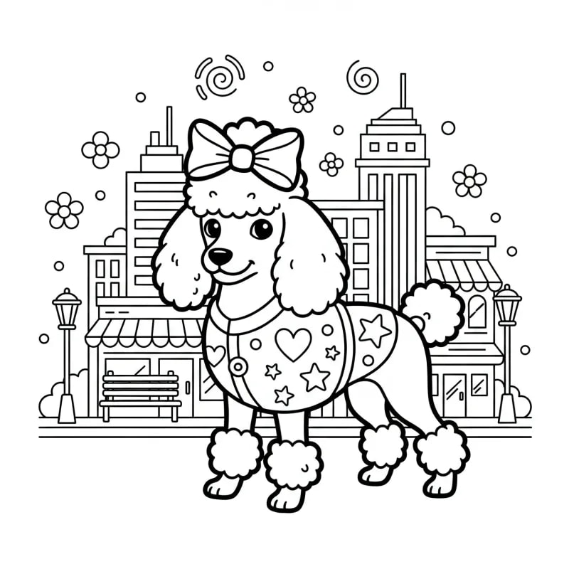 Stylish Poodle in the City - Medium Dog Coloring Page