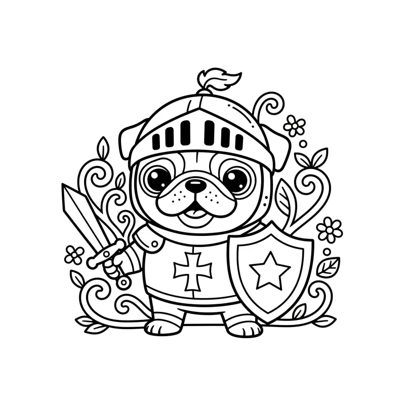 Pug Knight with Sword - Medium Fantasy Dog Coloring Page
