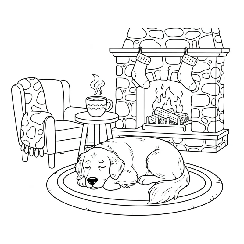 Old Dog by Fireplace - Easy Cozy Coloring Page