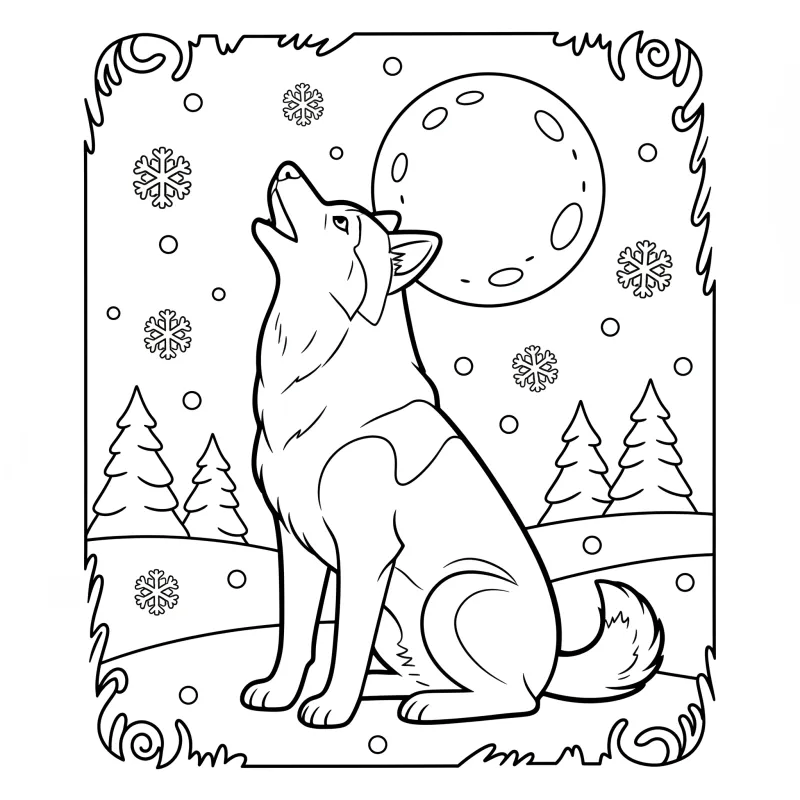 Husky Howling at the Moon - Medium Animal Coloring Page