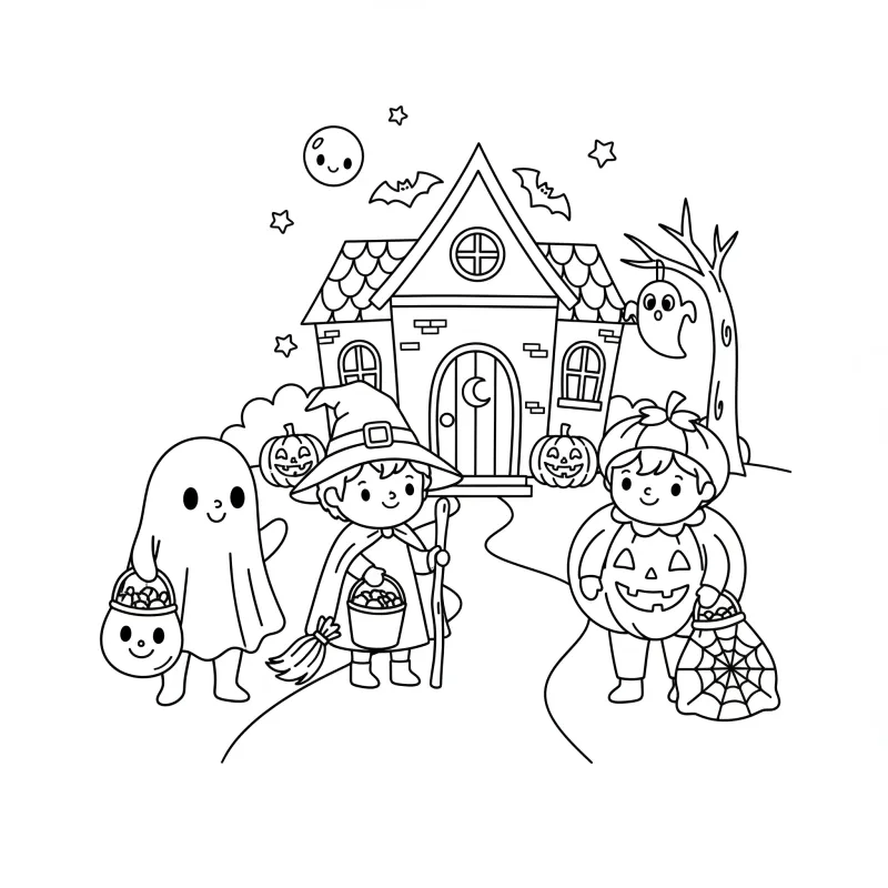 Kids Trick-or-Treating - Easy Halloween Coloring Page