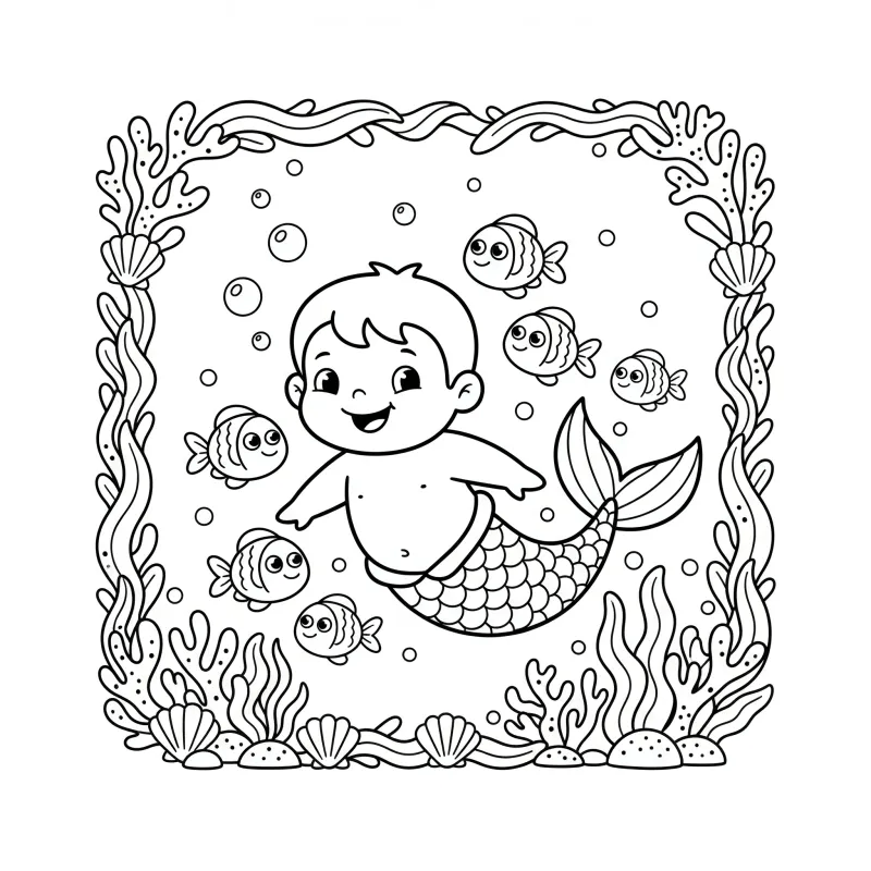 Playful Child Merman - Easy Fantasy Coloring Page