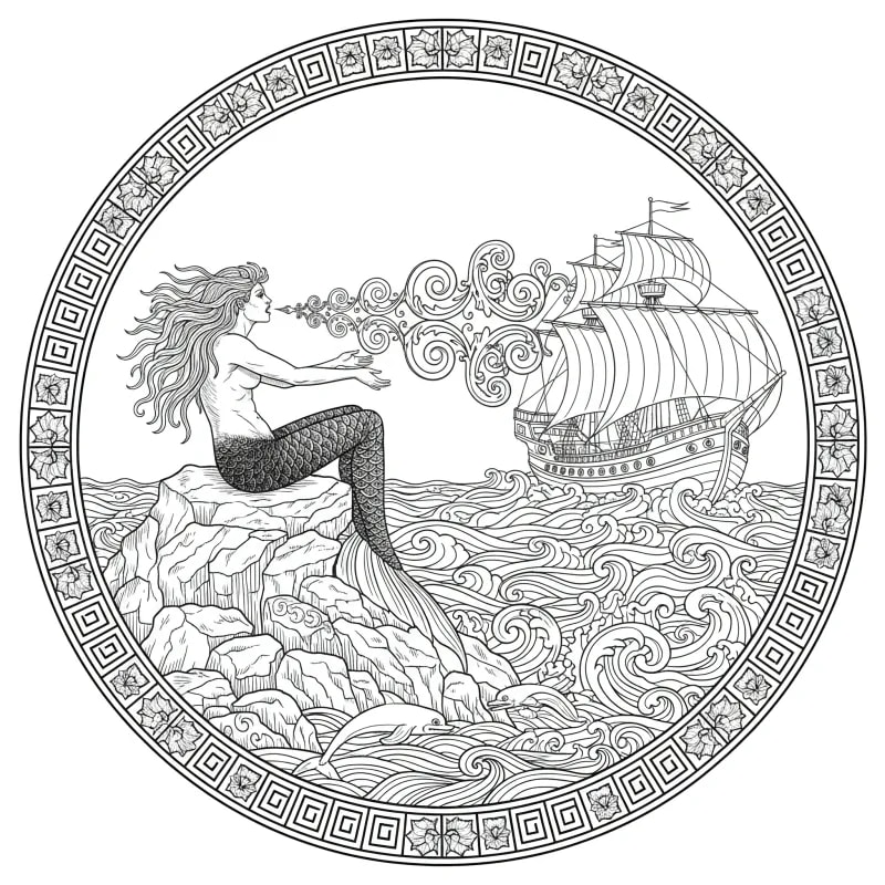 Siren Luring a Ship - Hard Fantasy Coloring Page