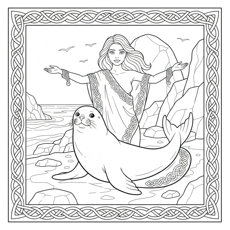 Selkie Transforming on Shore - Medium Mythology Coloring Page