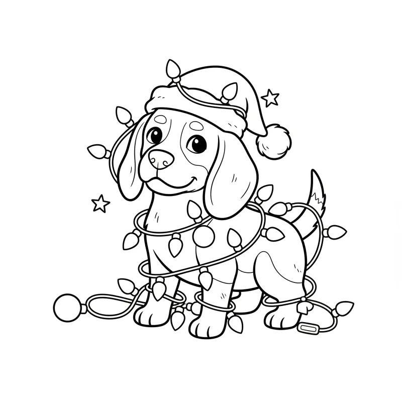 Adorable Christmas Beagle Tangled in Lights | ZenColoringNook