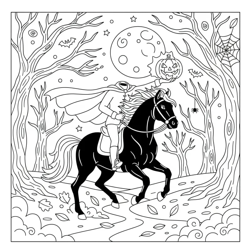 Conquer the Headless Horseman: A Thrilling Hard Halloween Coloring Page | ZenColoringNook