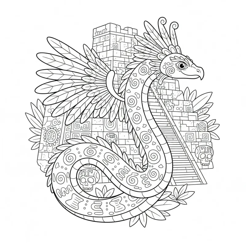 Color the Mythical Quetzalcoatl: A Feathered Serpent Challenge | ZenColoringNook