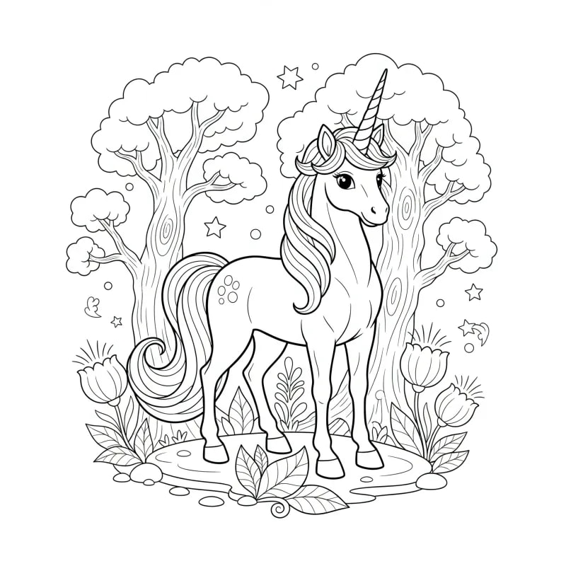 Majestic Unicorn in Enchanted Forest Coloring Page | ZenColoringNook