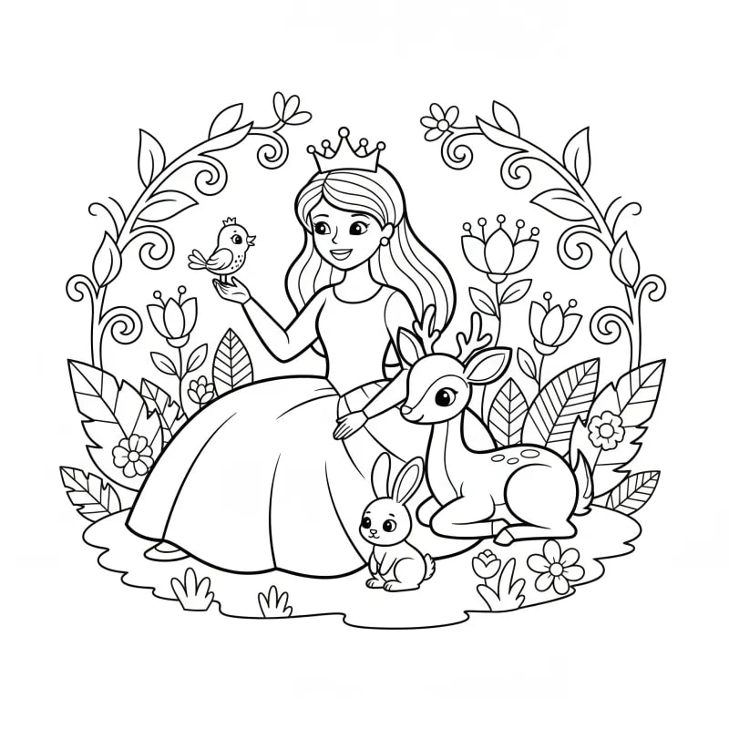 Adorable Forest Princess with Animal Friends Coloring Page | ZenColoringNook