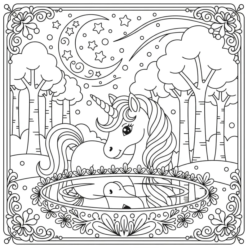 Unicorn Reflection in Magical Pool Coloring Page