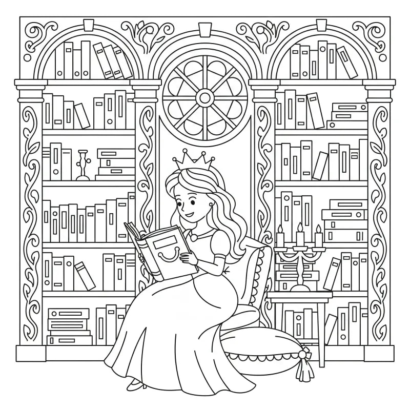 Lost in a Book: Princess Reading Coloring Page