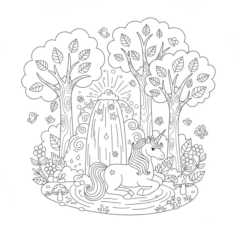 Unicorn by a Magical Waterfall Coloring Page