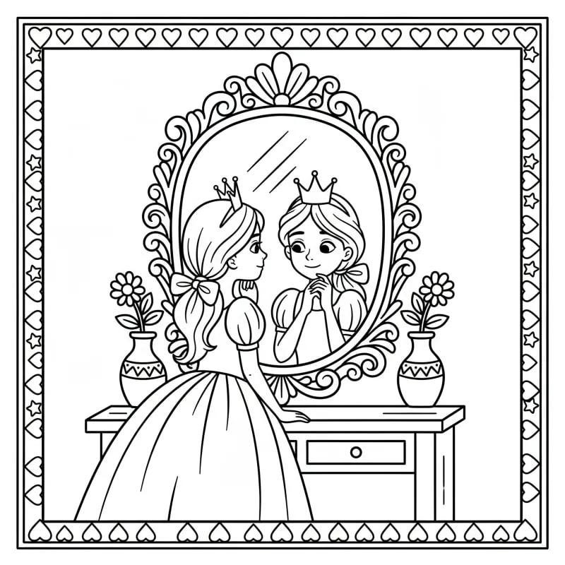 Princess Looking in a Mirror Coloring Page | ZenColoringNook