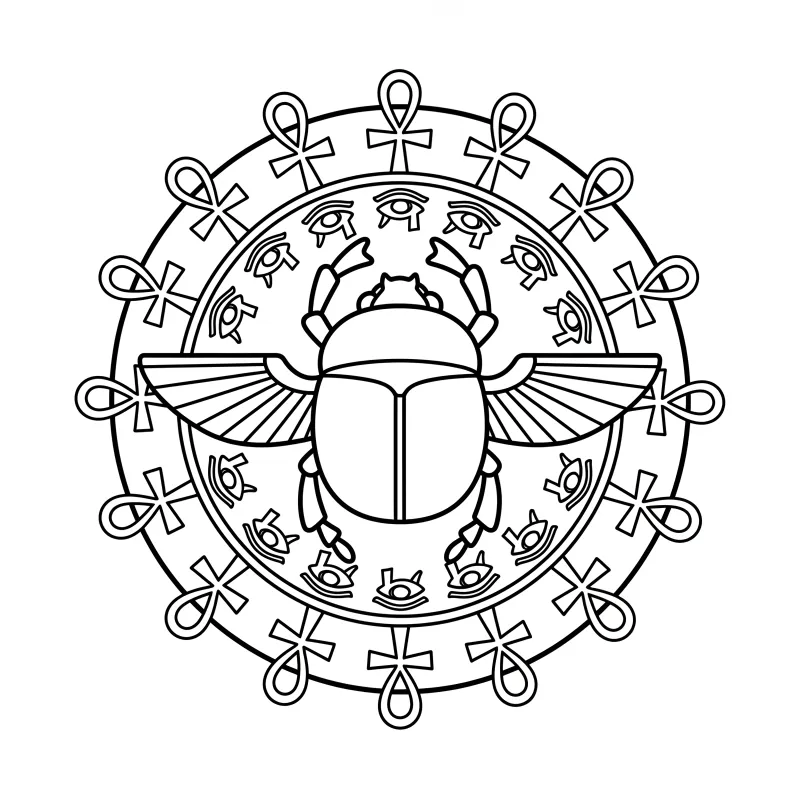 Egyptian Scarab and Ankh Mandala Coloring Page | Free Printable