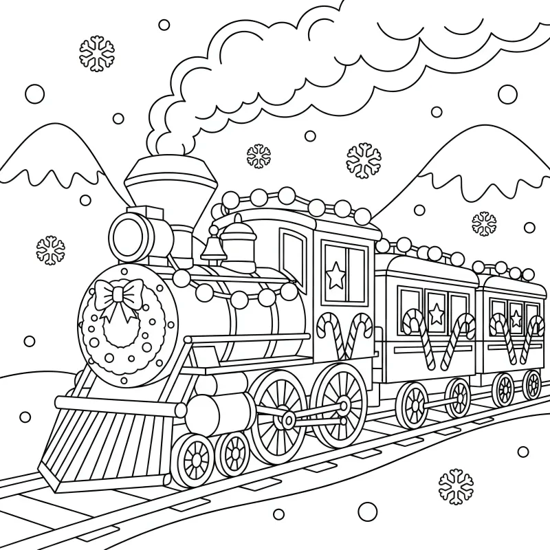 Magical Christmas Train Coloring Page: A Winter Wonderland Journey