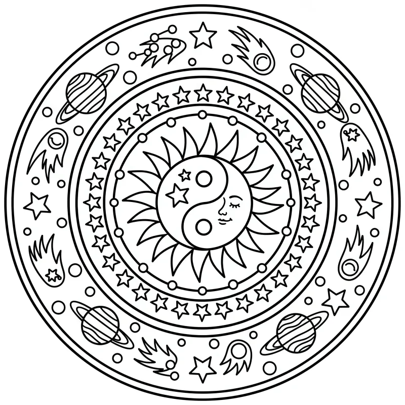 Celestial Sun Moon and Stars Mandala Hard Coloring Page | ZenColoringNook