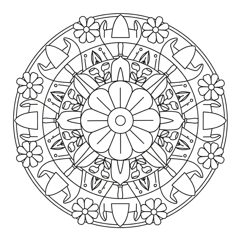 Free Gardener's Tools Mandala Coloring Page | ZenColoringNook