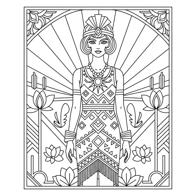 Glamorous Art Deco Princess: Free Printable Coloring Page