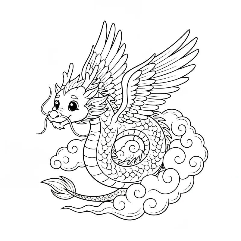 Free Printable: Adorable Baby Dragon Flying in Clouds Coloring Page