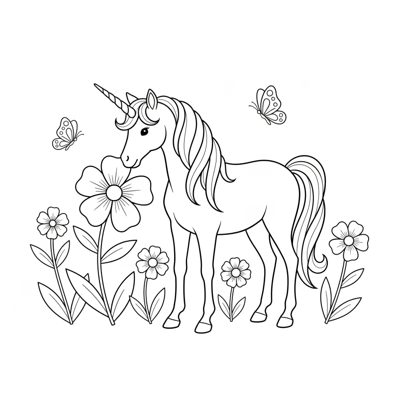 Easy Unicorn Smelling Flowers Coloring Page | ZenColoringNook