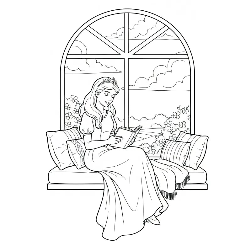 Cozy Princess Reading Coloring Page – Easy & Free Download | ZenColoringNook