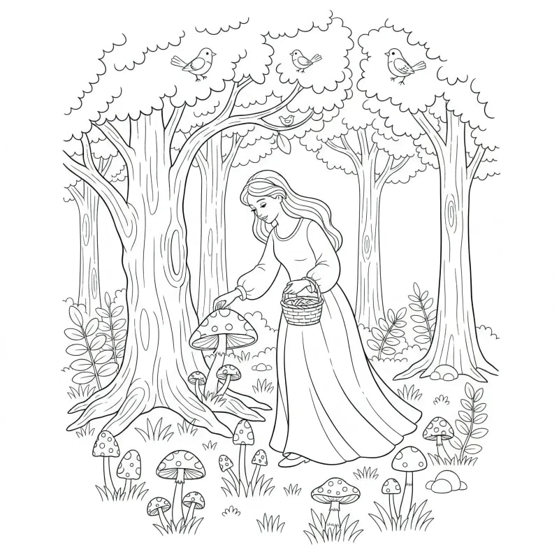 Easy Princess Picking Mushrooms Coloring Page | Free Printable
